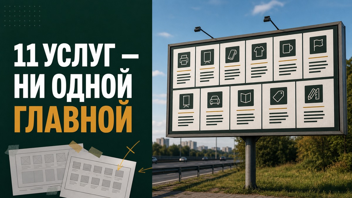 Придорожный баннер с одиннадцатью равноправными услугами без главного оффера