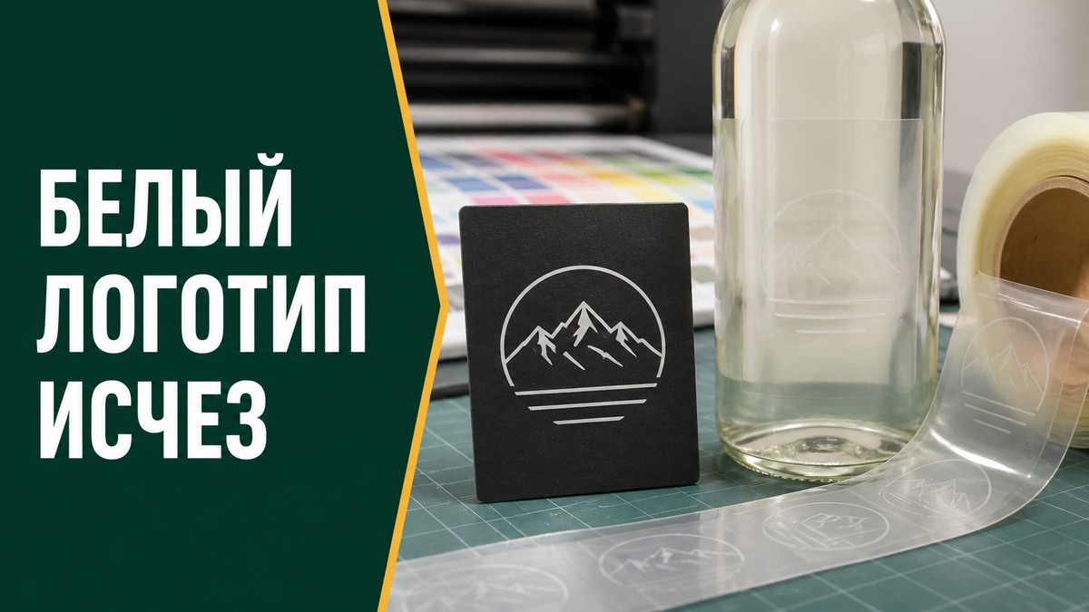 Белый логотип почти исчезает на прозрачной этикетке светлой бутылки
