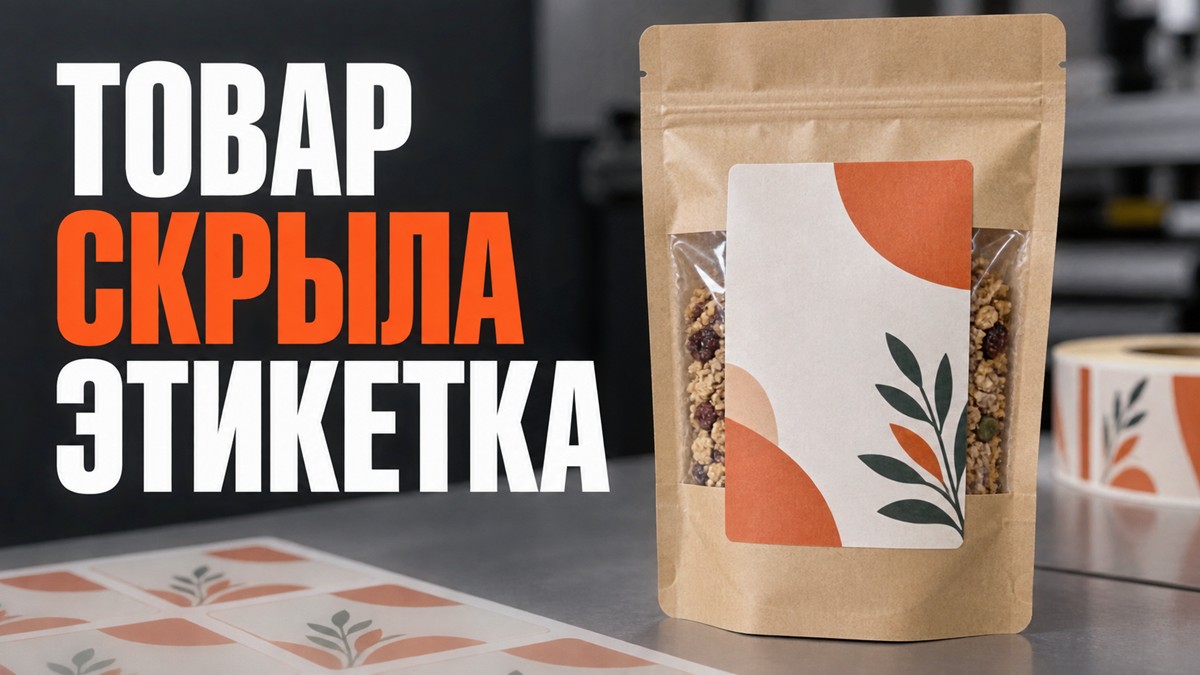 Крупная этикетка закрывает прозрачное окно пакета с товаром