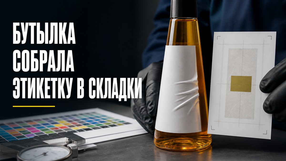 Этикетка собирается складками на конической бутылке при примерке