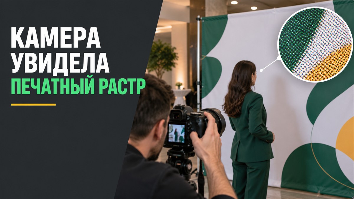 Камера снимает человека у фотозоны, а на баннерном фоне в крупном плане заметен печатный растр