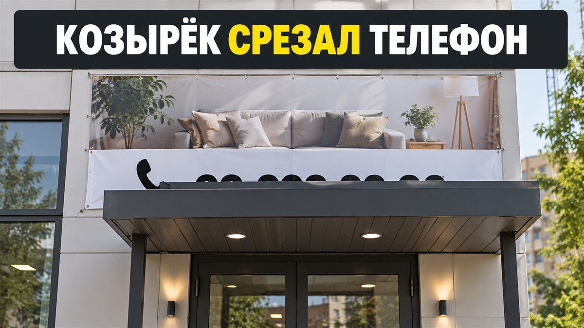 Козырёк над входом закрывает нижнюю строку с телефоном на фасадном баннере