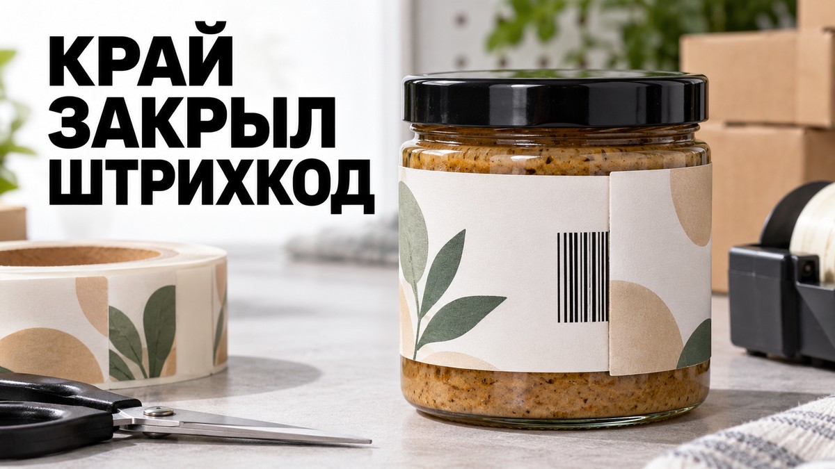 Край круговой этикетки перекрывает часть штрихкода на цилиндрической банке