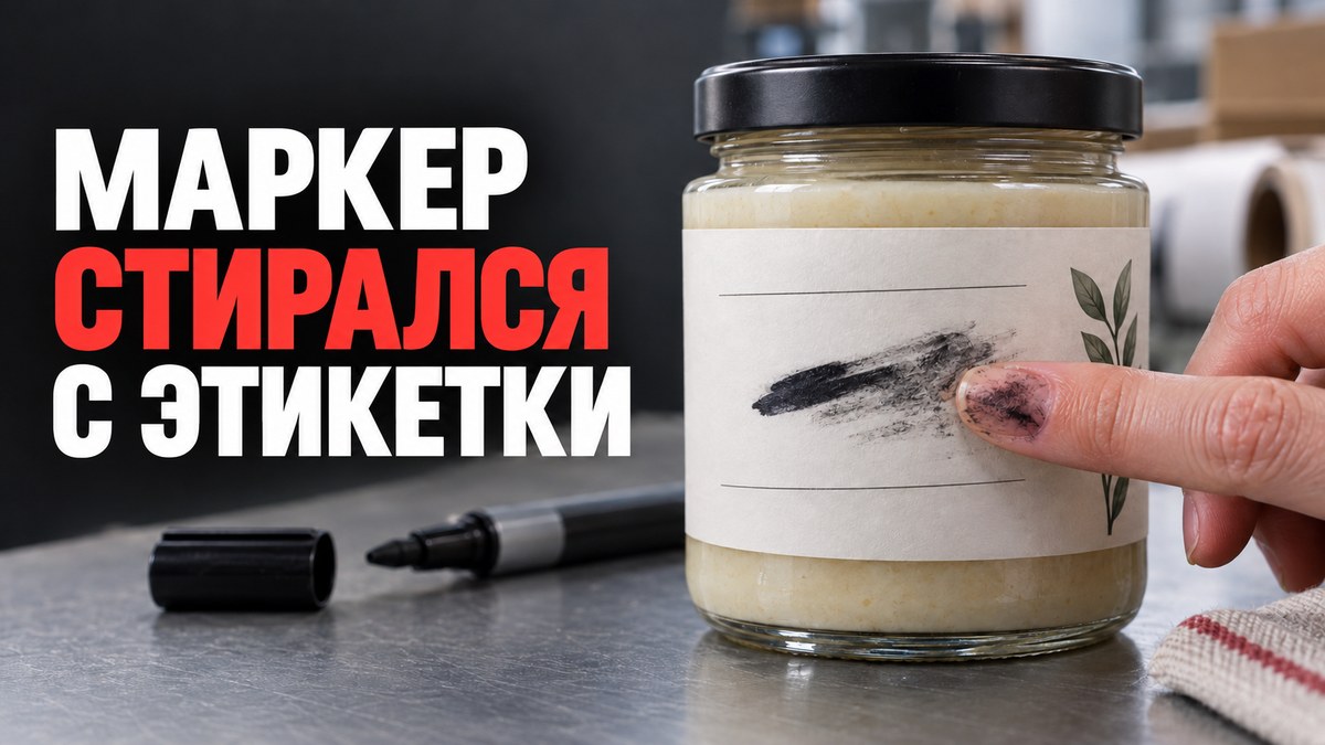 След от маркера смазывается пальцем на матовой ламинированной этикетке