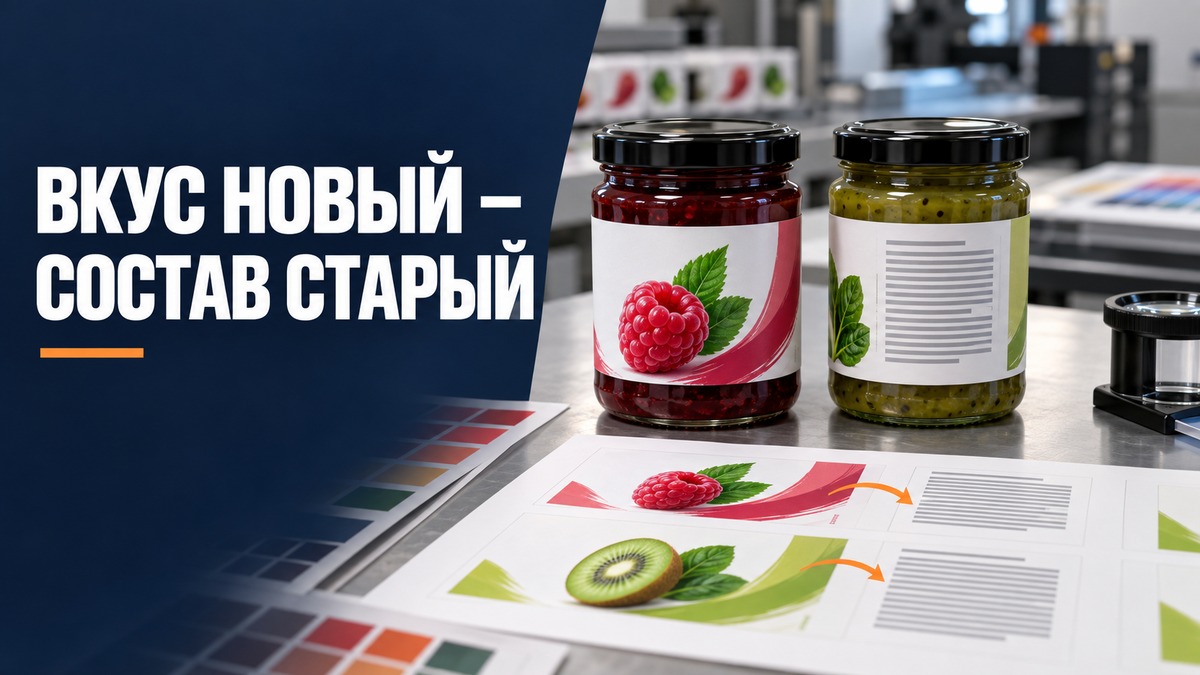 Две товарные этикетки разных вкусов и лист согласования со старым составом