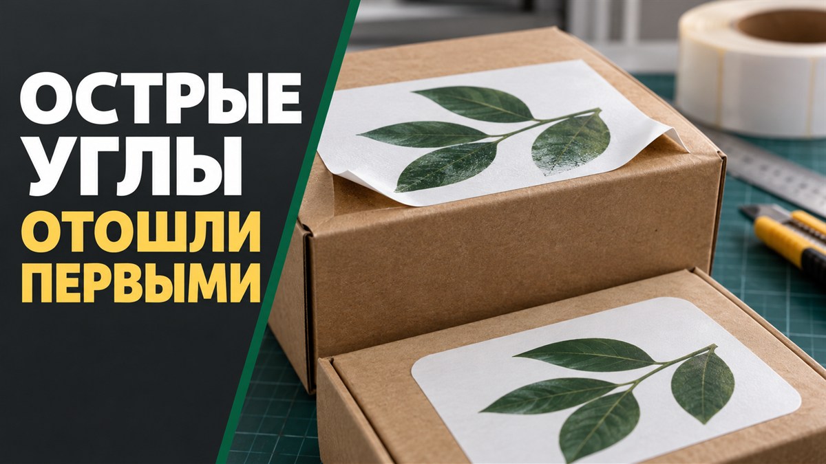 Самоклеящаяся этикетка плотно держится в центре, но два острых угла заметно поднялись над упаковкой