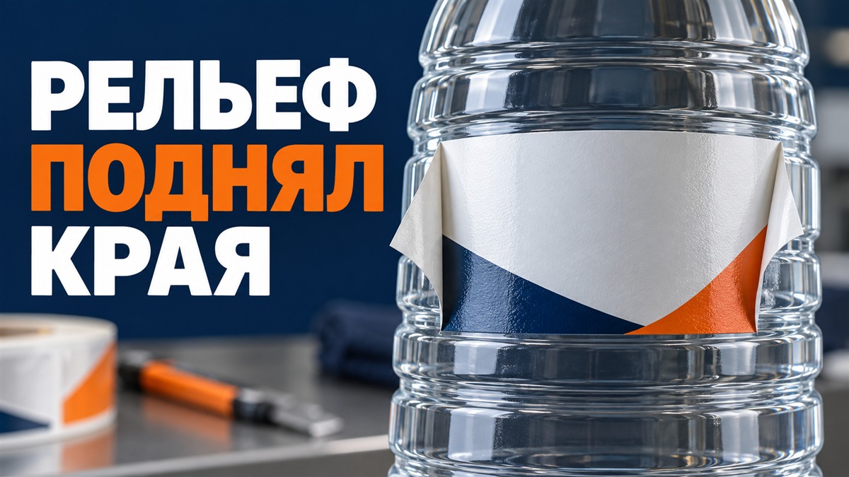 Края плёночной этикетки поднимаются на рельефной пластиковой бутылке