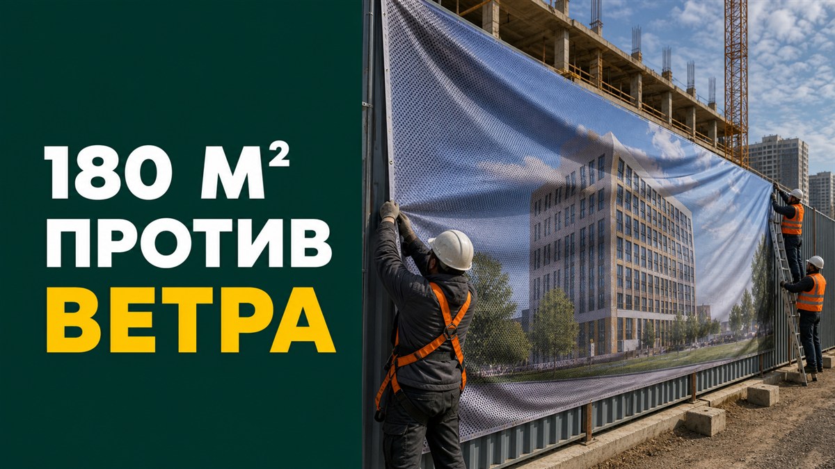 Монтаж баннерной сетки 180 м² на стройограждении