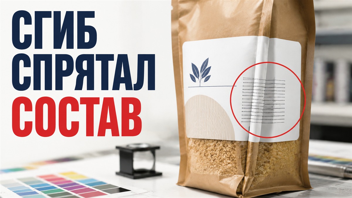 Сгиб наполненного пакета проходит через информационный текст на этикетке