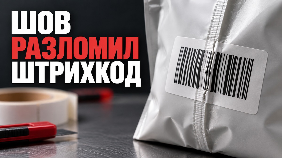 Шов и складка мягкого пакета разделяют штрихкод на самоклеящейся этикетке
