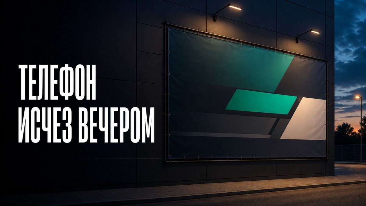 Телефон на тёмном баннере визуально исчезает на фасаде вечером
