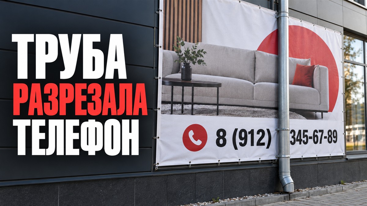 Водосточная труба проходит по номеру телефона на фасадном баннере