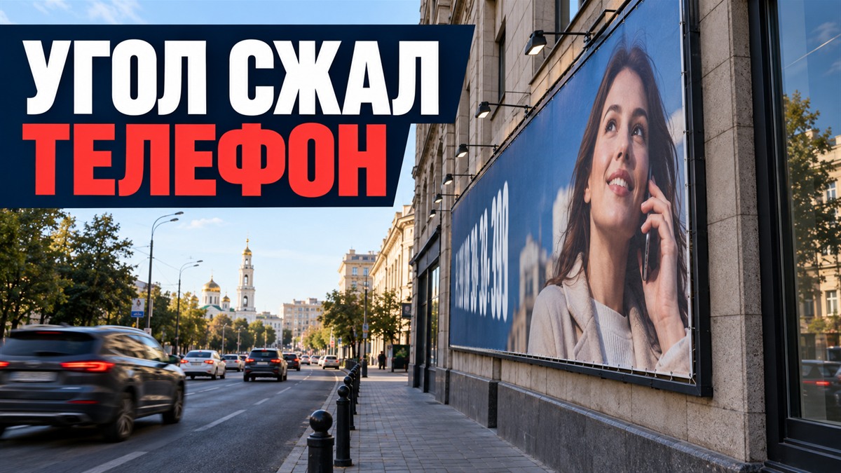 Фасадный баннер и телефонная строка, сжатая острым углом просмотра с дороги